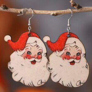 Wood Santa Face Christmas Earrings